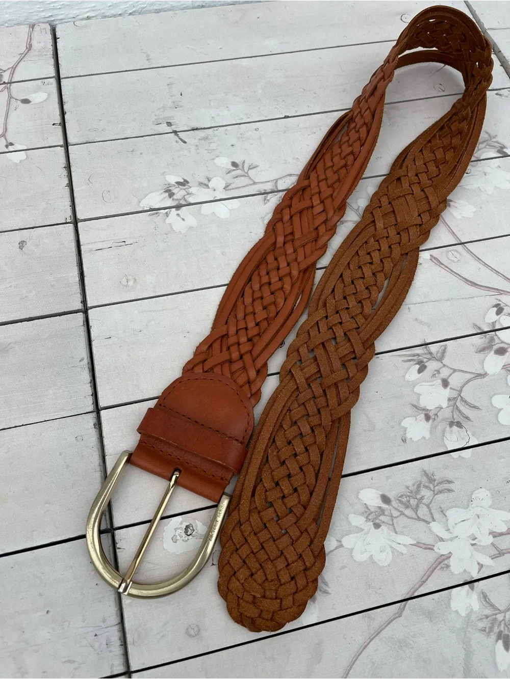 Michael Kors Woven Leather Belt in Cognac Brown with Gold Buckle